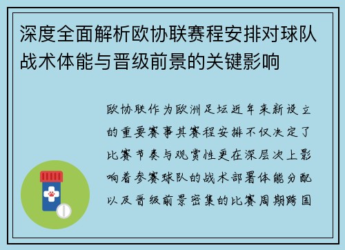 深度全面解析欧协联赛程安排对球队战术体能与晋级前景的关键影响